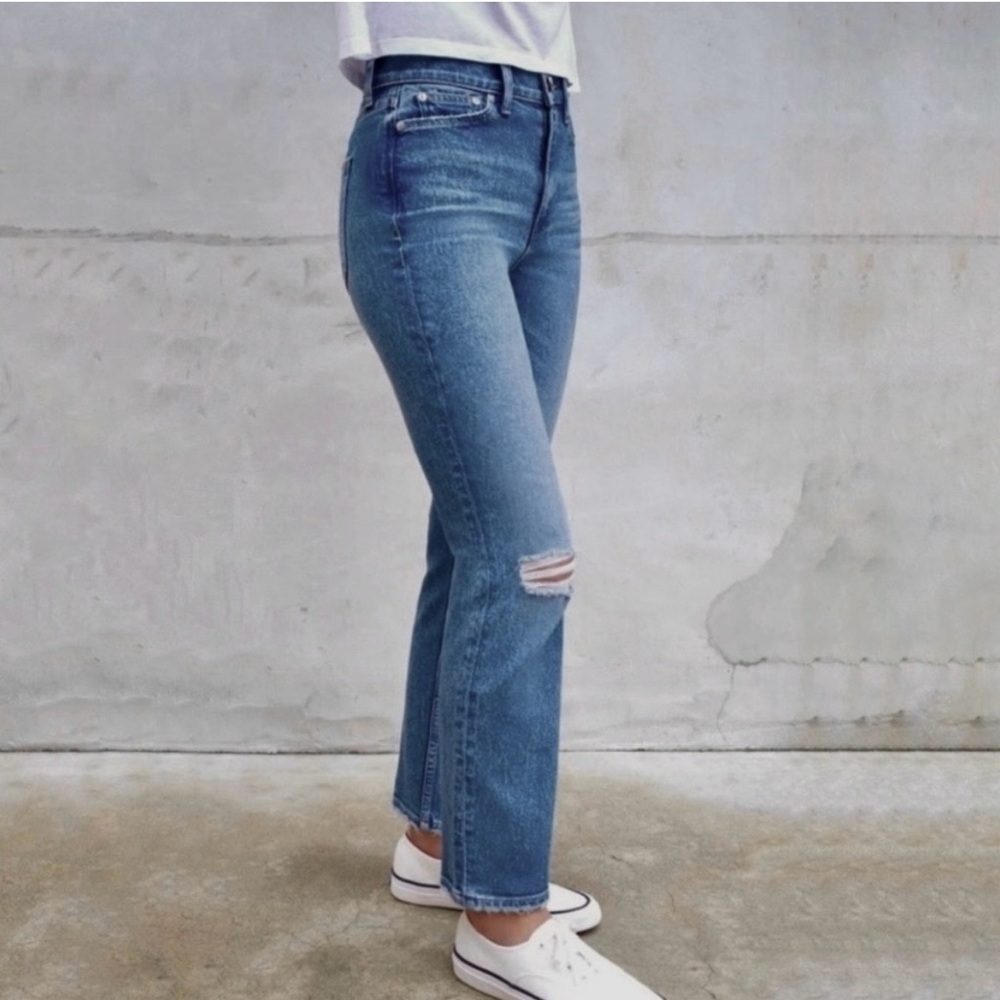 AYR The Yes Yes Yes Jean High Rise Straight Distressed Denim Blue Zipper Fly 25